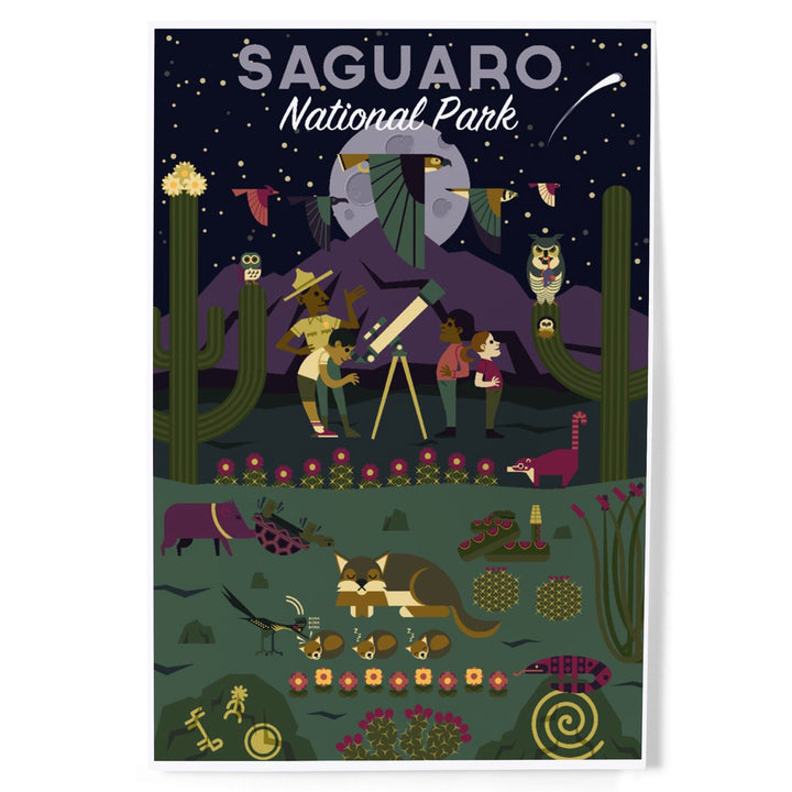 Saguaro National Park, Arizona, Night, Geometric National Park Series, Art & Giclee Prints Art Lantern Press 