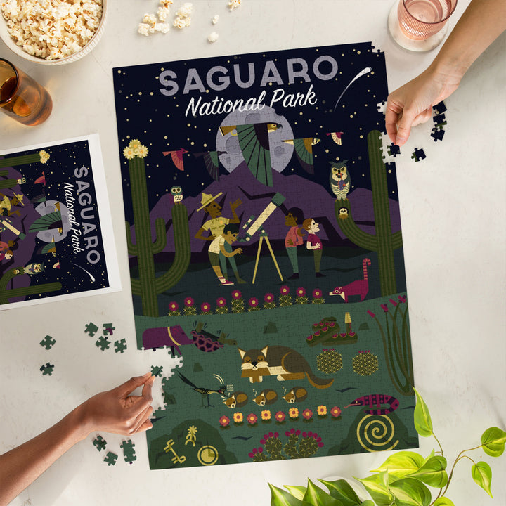Saguaro National Park, Arizona, Night, Geometric National Park Series, Jigsaw Puzzle Puzzle Lantern Press 