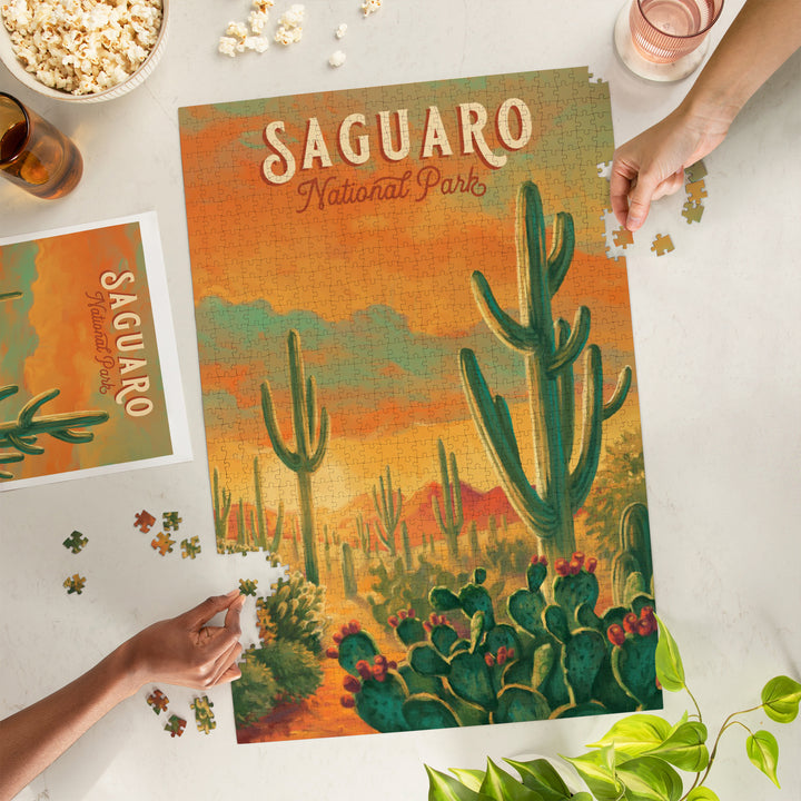 Saguaro National Park, Arizona, Oil Painting National Park Series, Jigsaw Puzzle Puzzle Lantern Press 