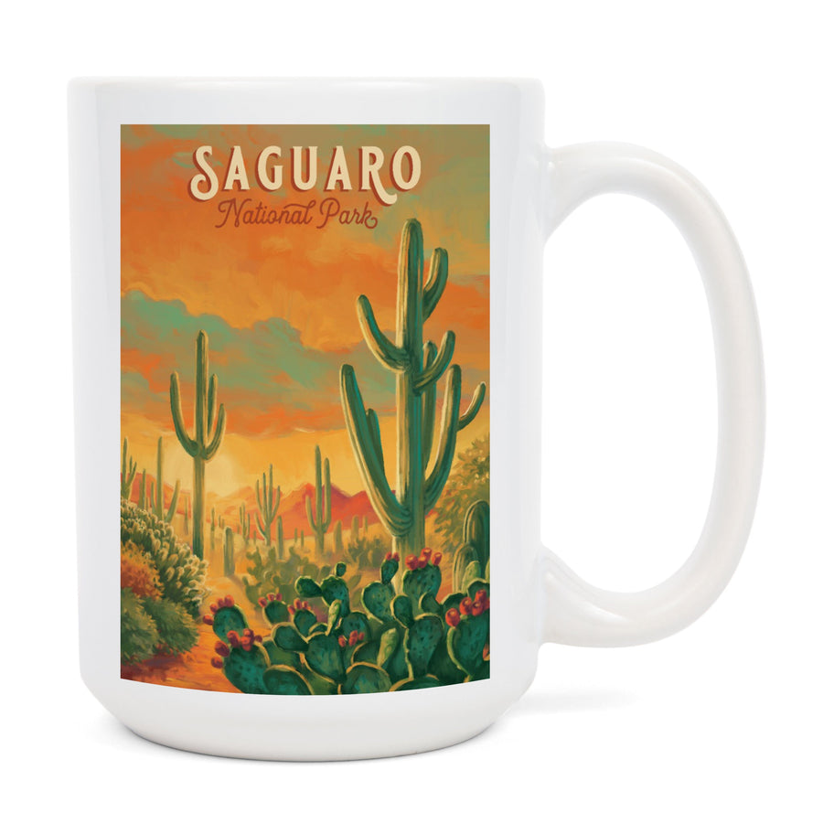 Saguaro National Park, Arizona, Oil Painting National Park Series, Lantern Press Artwork, Ceramic Mug Mugs Lantern Press 