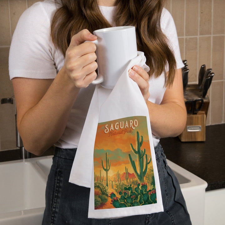 Saguaro National Park, Arizona, Oil Painting National Park Series, Organic Cotton Kitchen Tea Towels Kitchen Lantern Press 