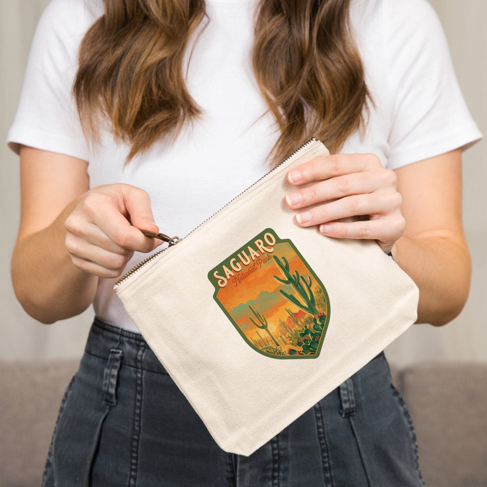 Saguaro National Park, Arizona, , Oil Painting National Park Series, Organic Cotton Zipper Pouch, Go Bag Go Bag Lantern Press 