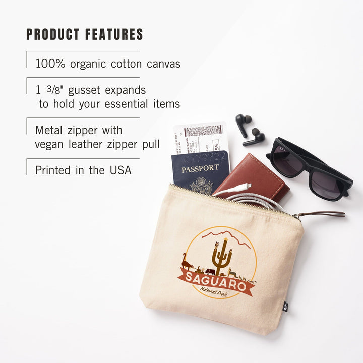Saguaro National Park, Arizona, Simplified Geometric,, Organic Cotton Zipper Pouch, Go Bag Go Bag Lantern Press 