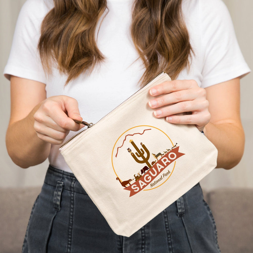 Saguaro National Park, Arizona, Simplified Geometric,, Organic Cotton Zipper Pouch, Go Bag Go Bag Lantern Press 