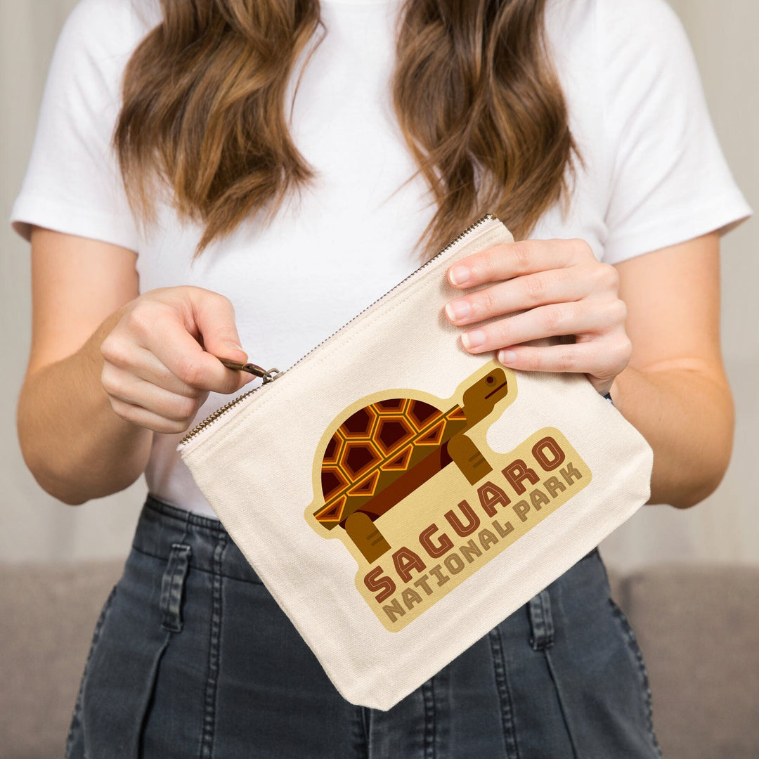 Saguaro National Park, Arizona, Tortoise, Geometric,, Organic Cotton Zipper Pouch, Go Bag Go Bag Lantern Press 