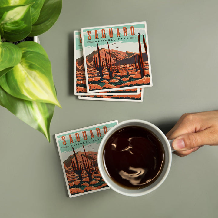 Saguaro National Park, Desert Scene with Cactus, Coasters Coasters Lantern Press 