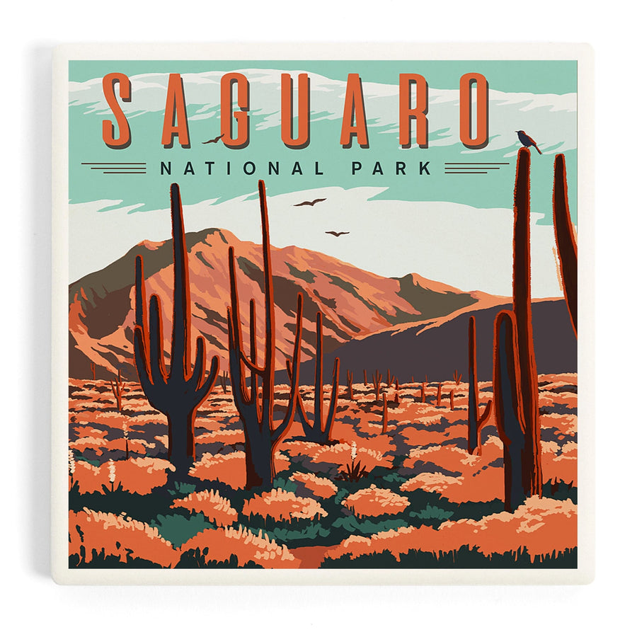Saguaro National Park, Desert Scene with Cactus, Coasters Coasters Lantern Press 