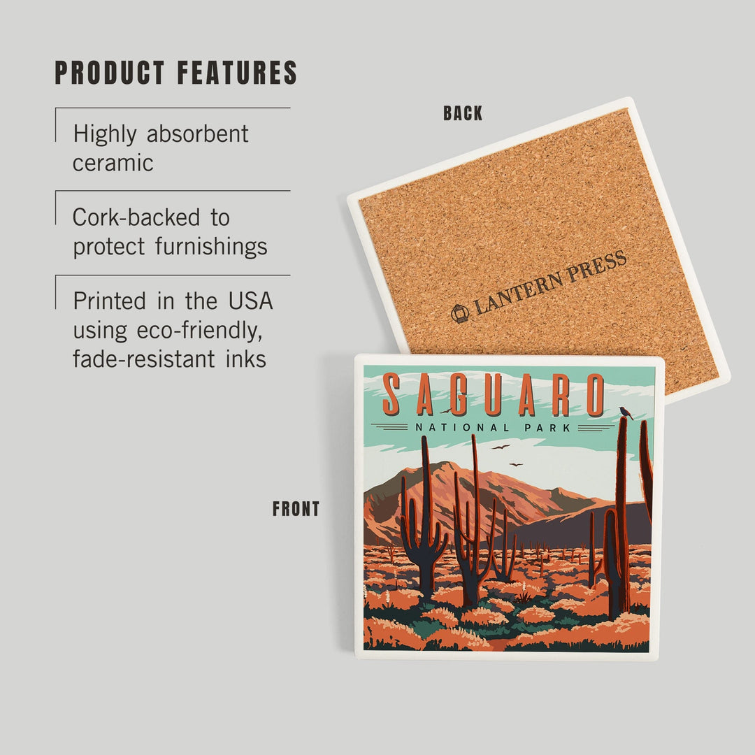 Saguaro National Park, Desert Scene with Cactus, Coasters Coasters Lantern Press 