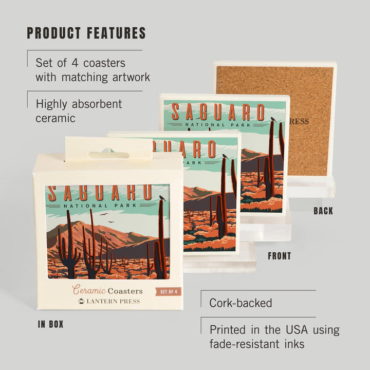 Saguaro National Park, Desert Scene with Cactus, Coasters Coasters Lantern Press 