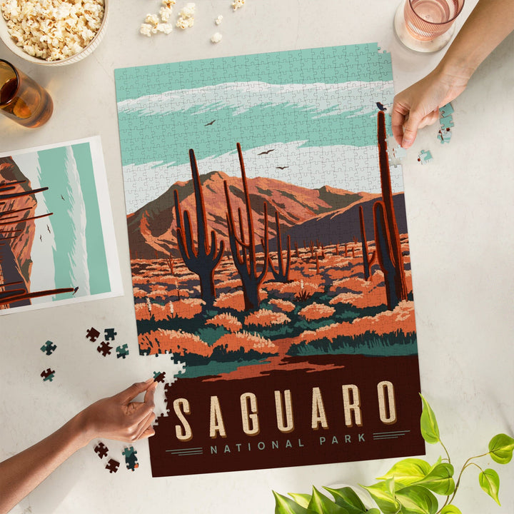 Saguaro National Park, Desert Scene with Cactus, Jigsaw Puzzle Puzzle Lantern Press 