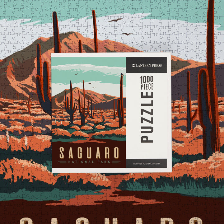 Saguaro National Park, Desert Scene with Cactus, Jigsaw Puzzle Puzzle Lantern Press 