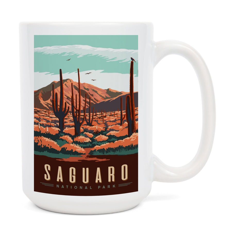 Saguaro National Park, Desert Scene with Cactus, Lantern Press Artwork, Ceramic Mug Mugs Lantern Press 