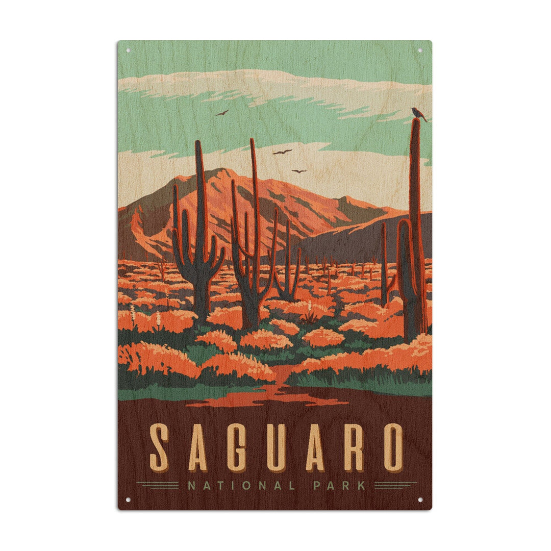 Saguaro National Park, Desert Scene with Cactus, Lantern Press Artwork, Wood Signs and Postcards Wood Lantern Press 6x9 Wood Sign 