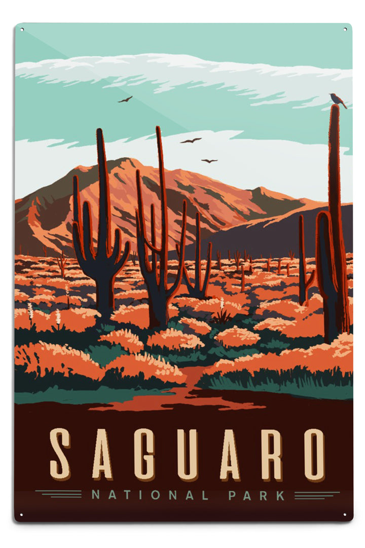 Saguaro National Park, Desert Scene with Cactus, Metal Signs Metal Lantern Press 6 x 9 Metal Sign 