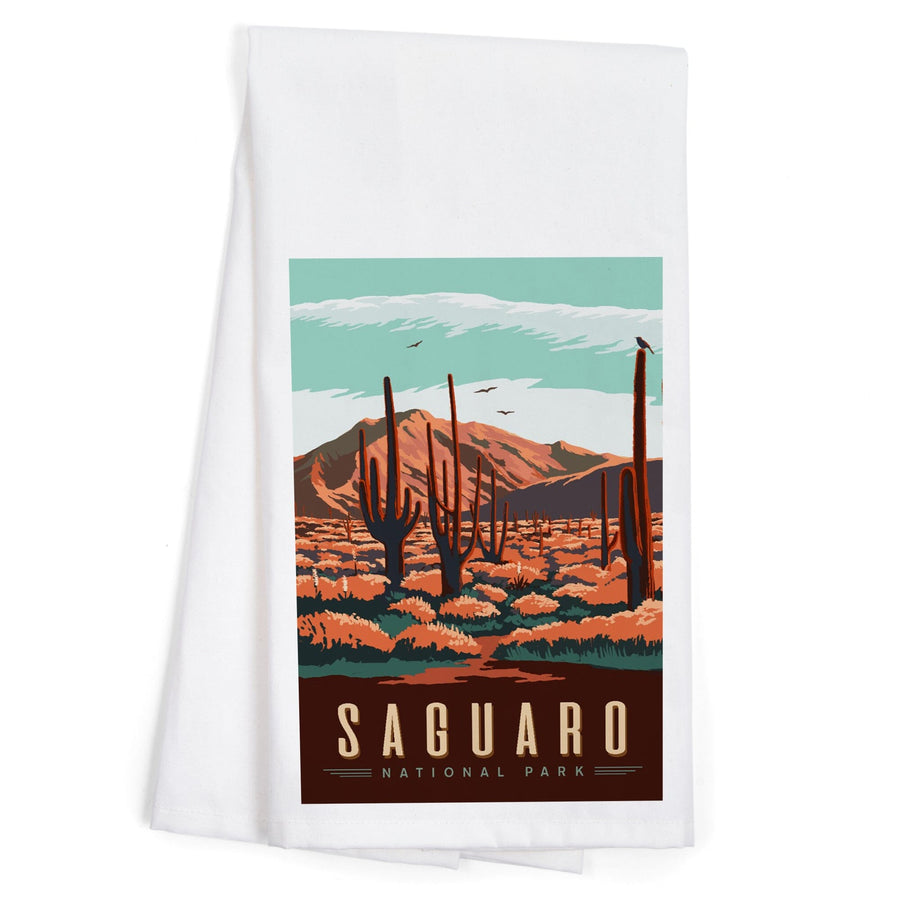 Saguaro National Park, Desert Scene with Cactus, Organic Cotton Kitchen Tea Towels Kitchen Lantern Press 