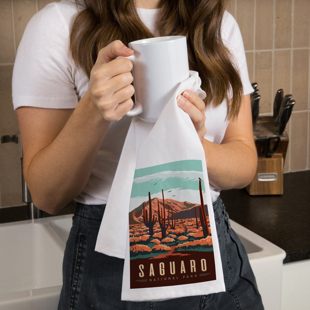 Saguaro National Park, Desert Scene with Cactus, Organic Cotton Kitchen Tea Towels Kitchen Lantern Press 