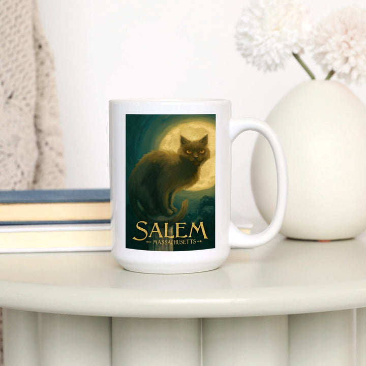 Salem, Massachusetts, Black Cat, Halloween Oil Painting, Ceramic Mug Mugs Lantern Press 