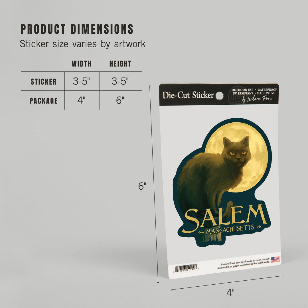 Salem, Massachusetts, Black Cat, Halloween Oil Painting, Dark Background, Contour, Lantern Press Artwork, Vinyl Sticker Sticker Lantern Press 