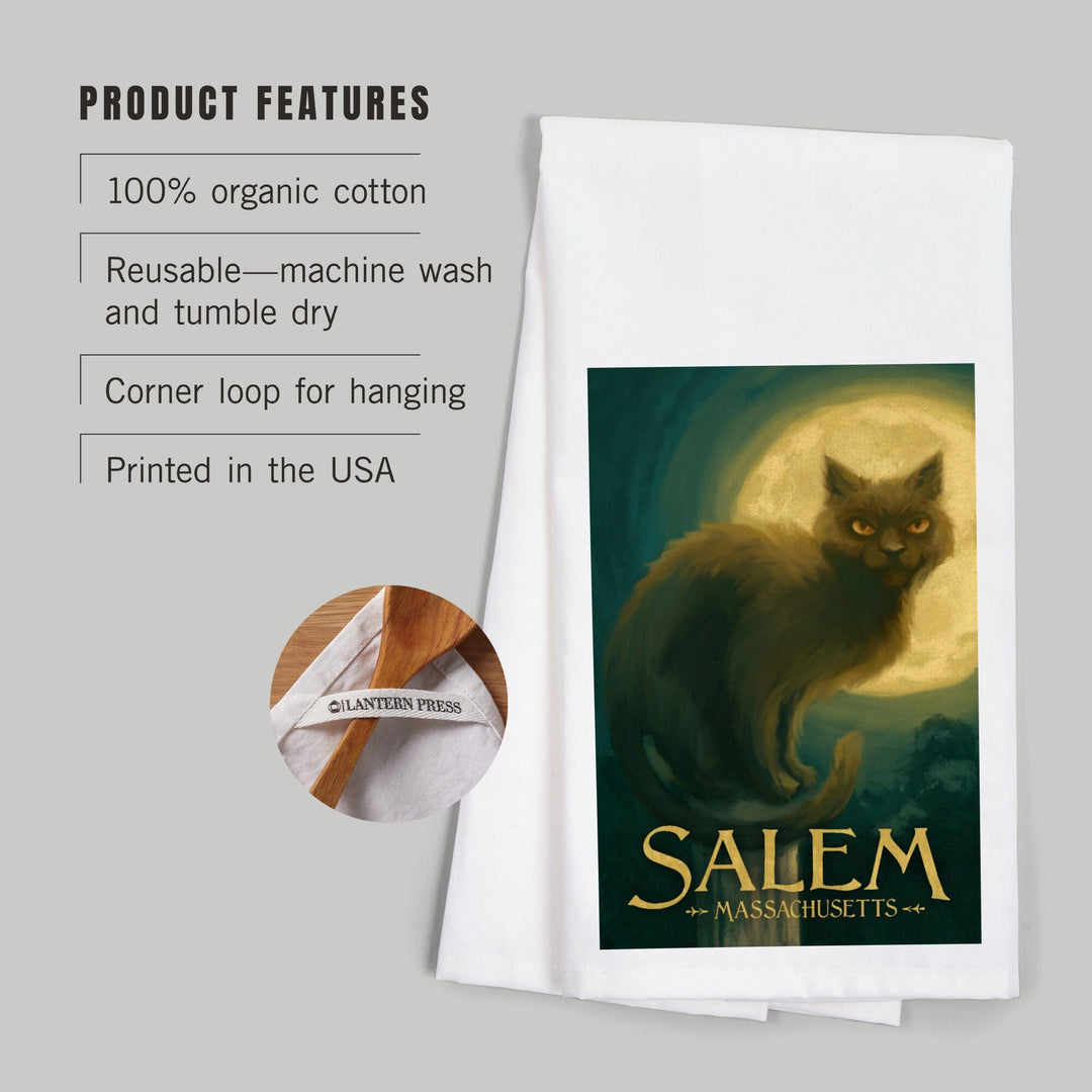 Salem, Massachusetts, Black Cat, Halloween Oil Painting, Lantern Press Artwork, Towels and Aprons Kitchen Lantern Press 