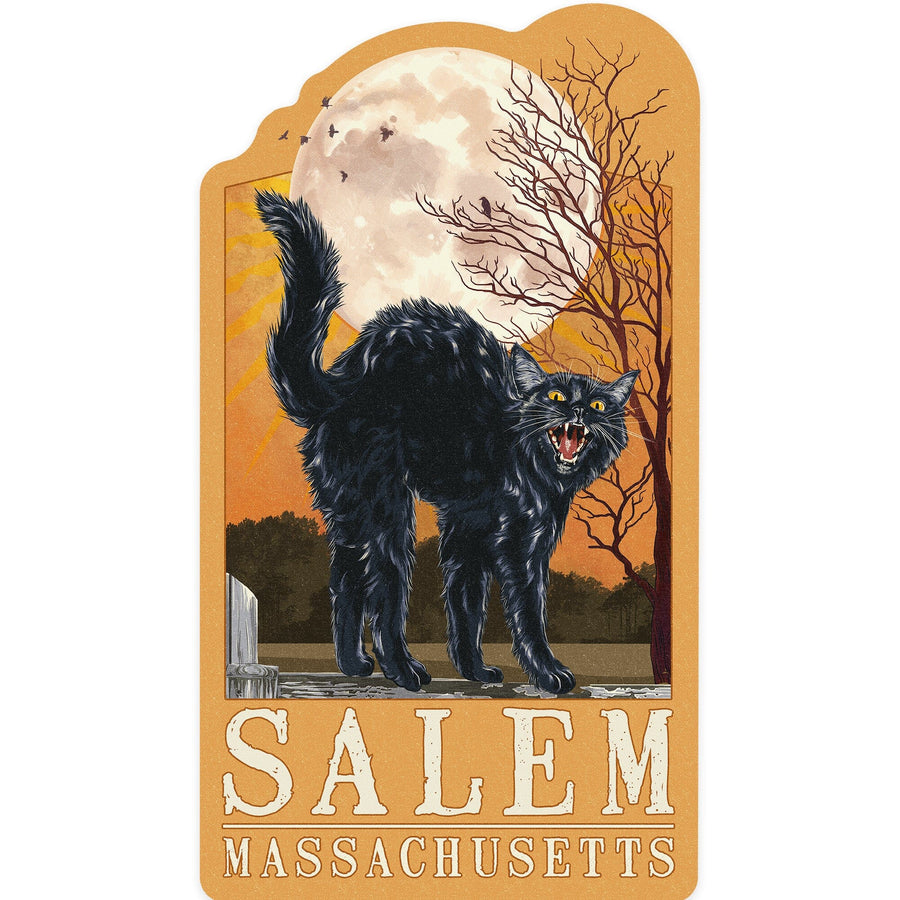 Salem, Massachusetts, Black Cat & Moon, Letterpress, Contour, Lantern Press Artwork, Vinyl Sticker Sticker Lantern Press 