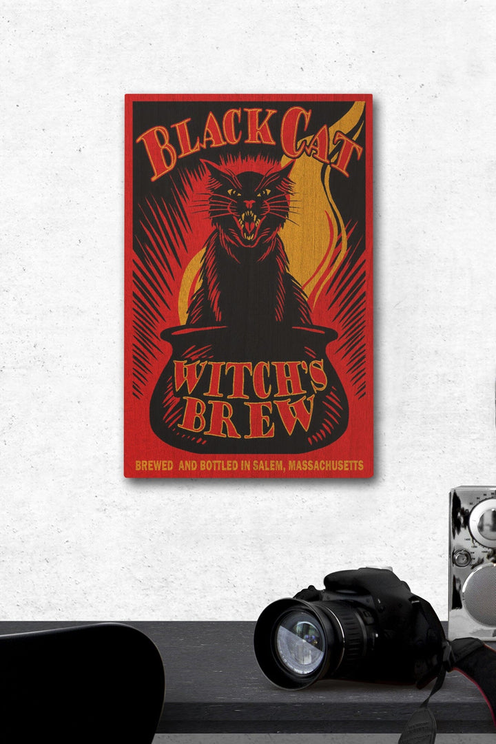 Salem, Massachusetts, Black Cat Witch's Brew, Lantern Press Artwork, Wood Signs and Postcards Wood Lantern Press 12 x 18 Wood Gallery Print 