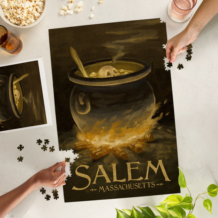 Salem, Massachusetts, Cauldron, Halloween Oil Painting, Jigsaw Puzzle Puzzle Lantern Press 