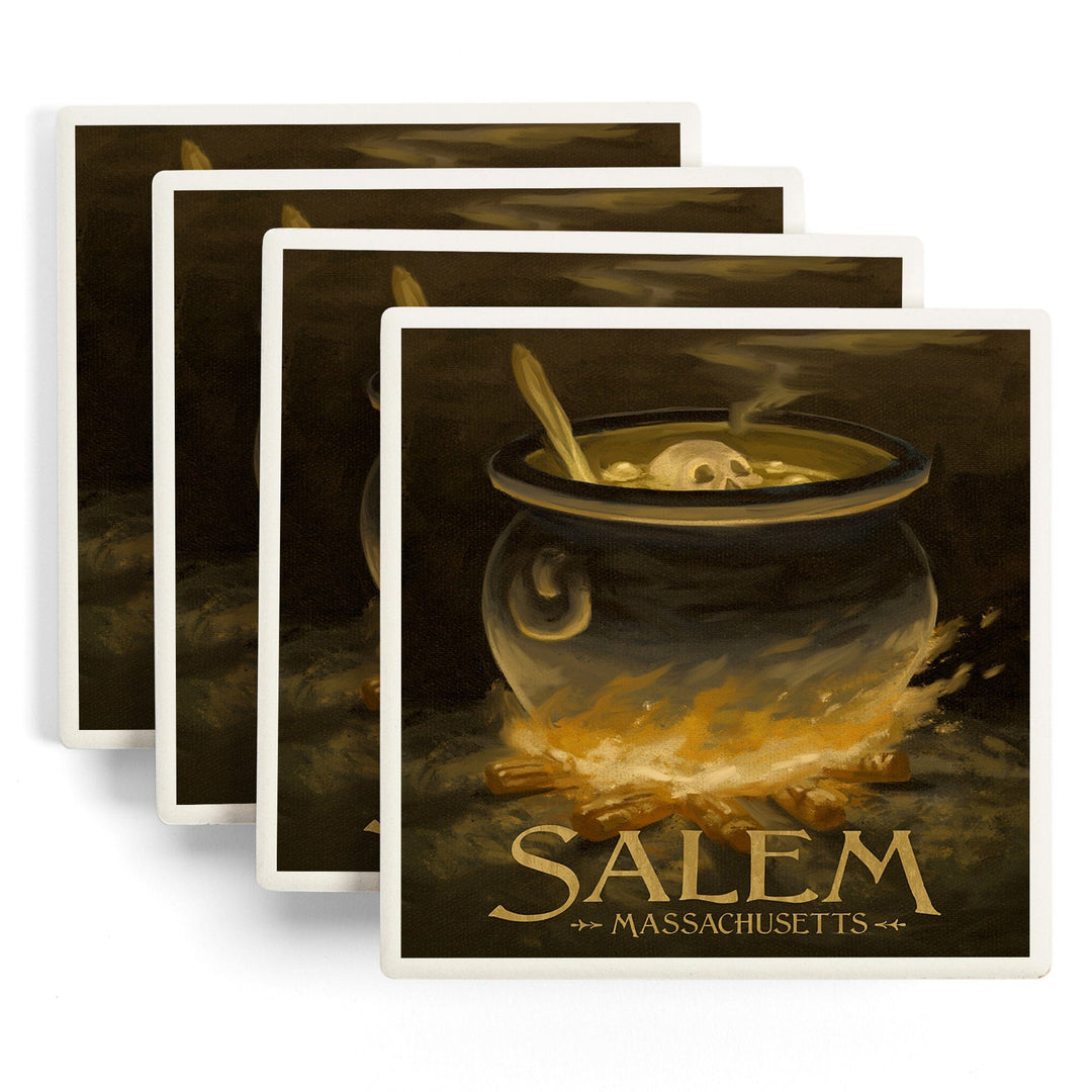 Salem, Massachusetts, Cauldron, Halloween Oil Painting, Lantern Press Artwork, Coaster Set Coasters Lantern Press 