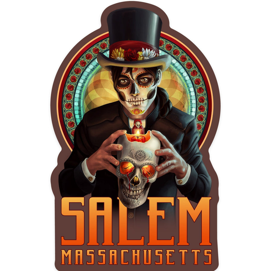Salem, Massachusetts, Day of the Dead, Man & Candle, Contour, Lantern Press Artwork, Vinyl Sticker Sticker Lantern Press 