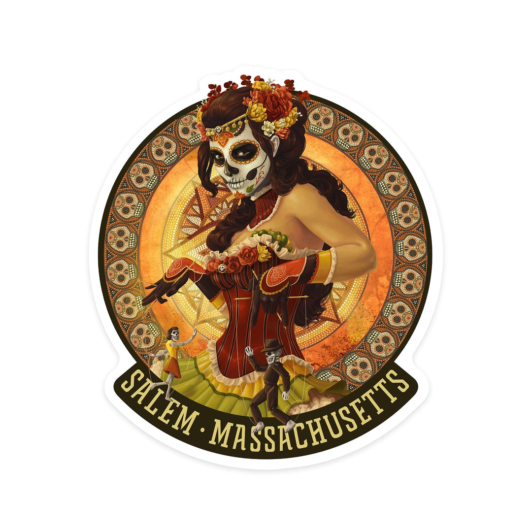 Salem, Massachusetts, Day of the Dead, Marionettes, Contour, Lantern Press Artwork, Vinyl Sticker Sticker Lantern Press 
