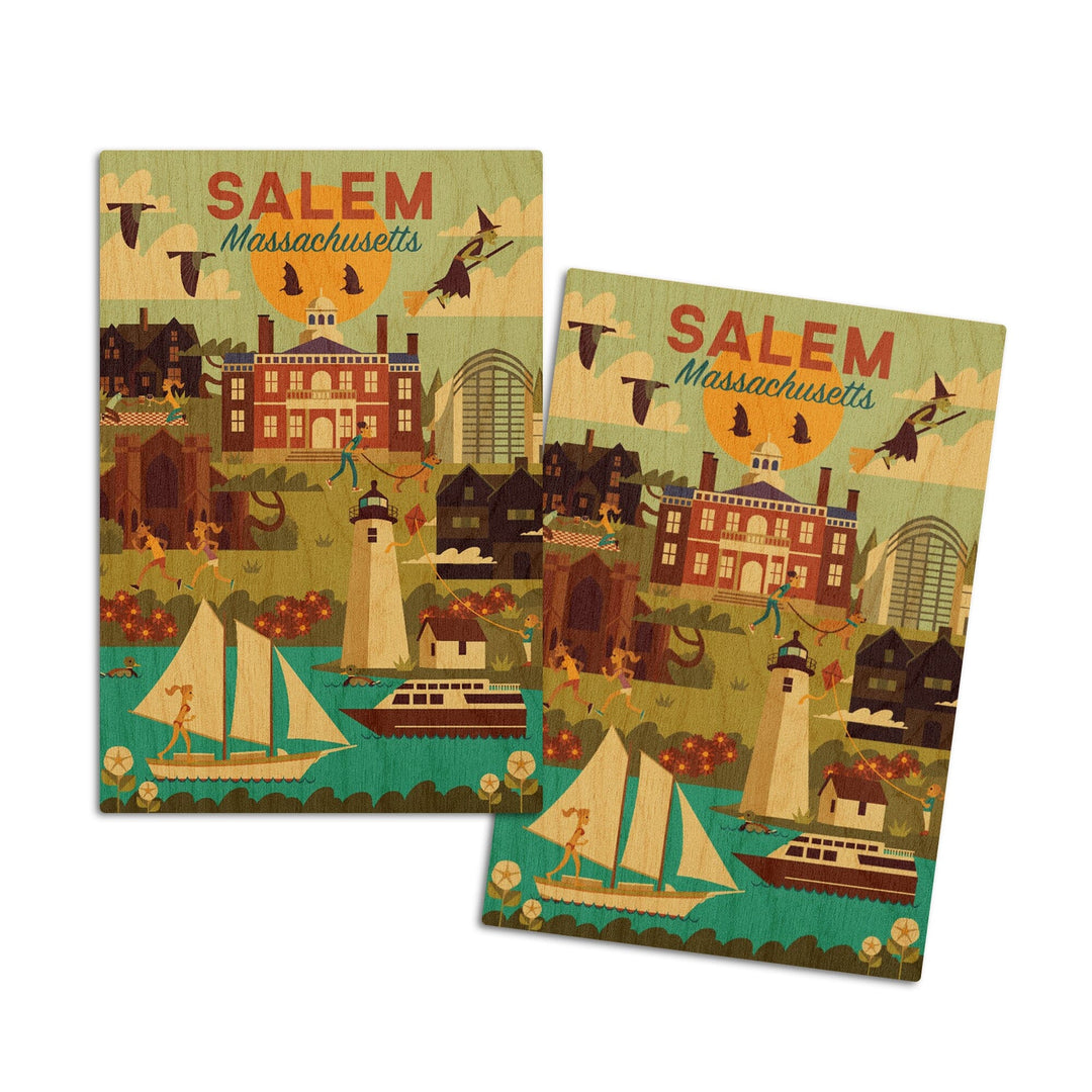 Salem, Massachusetts, Geometric City Series, Lantern Press Artwork, Wood Signs and Postcards Wood Lantern Press 4x6 Wood Postcard Set 
