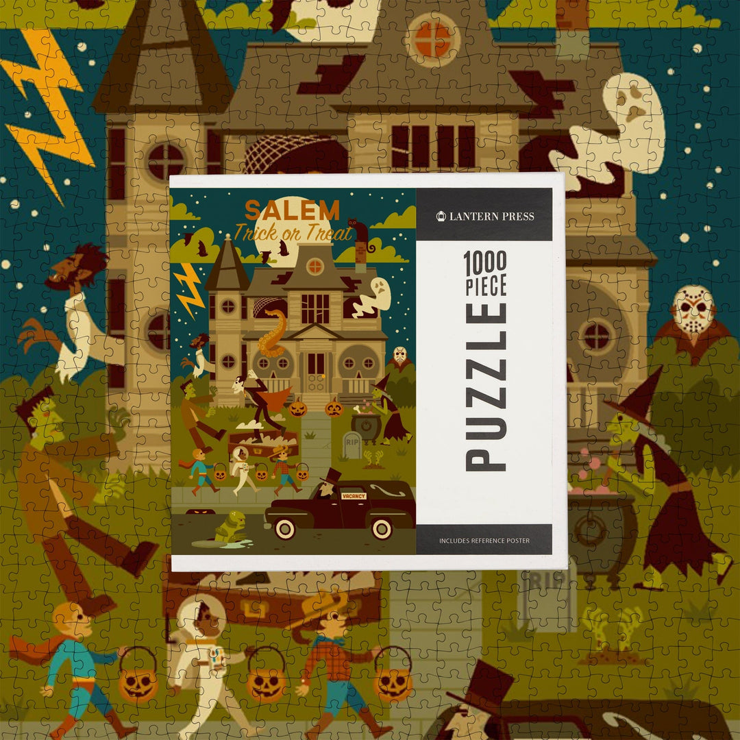 Salem, Massachusetts, Halloween, Trick or Treat, Geometric, Jigsaw Puzzle Puzzle Lantern Press 