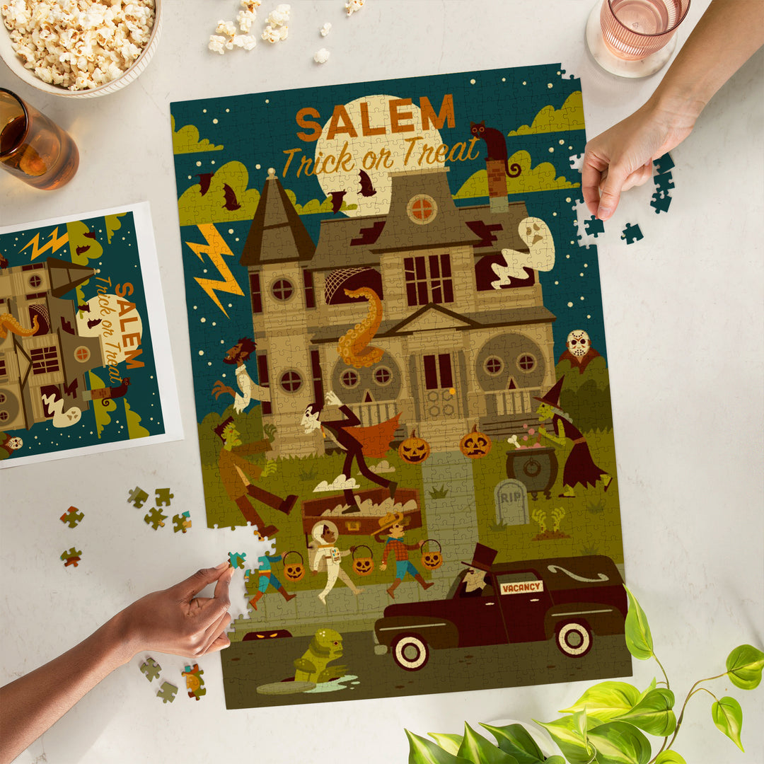 Salem, Massachusetts, Halloween, Trick or Treat, Geometric, Jigsaw Puzzle Puzzle Lantern Press 