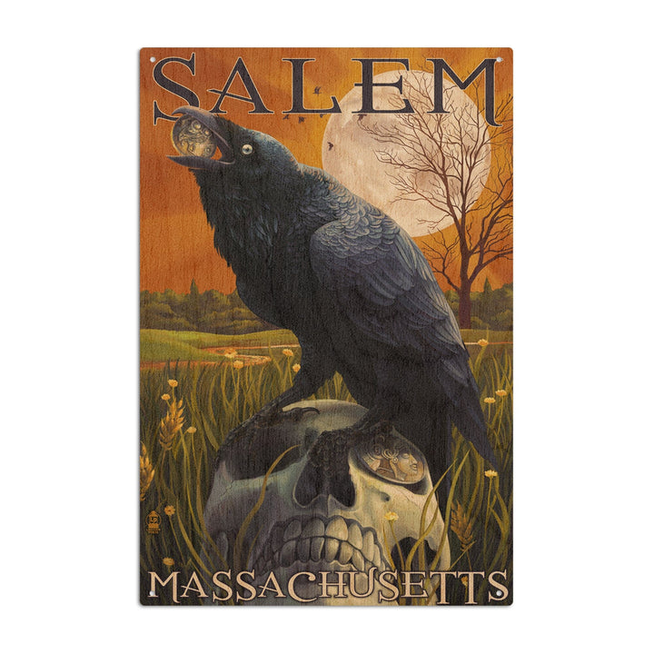 Salem, Massachusetts, Raven and Skull, Lantern Press Poster, Wood Signs and Postcards Wood Lantern Press 10 x 15 Wood Sign 