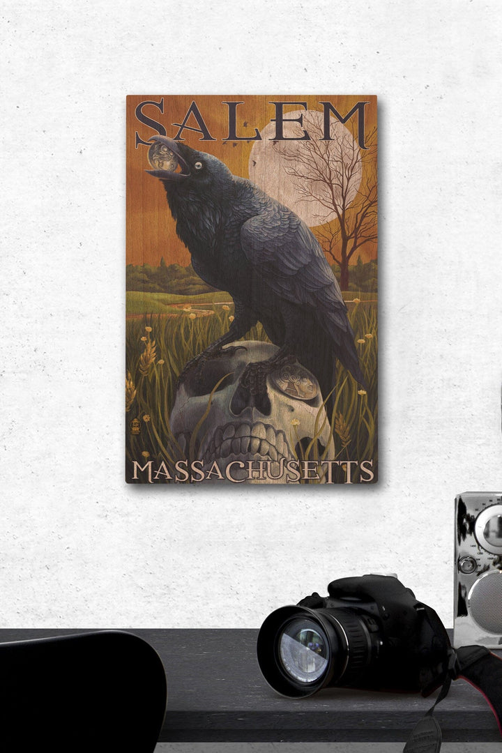 Salem, Massachusetts, Raven and Skull, Lantern Press Poster, Wood Signs and Postcards Wood Lantern Press 12 x 18 Wood Gallery Print 