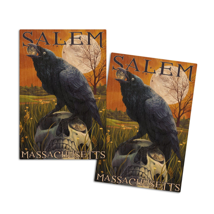 Salem, Massachusetts, Raven and Skull, Lantern Press Poster, Wood Signs and Postcards Wood Lantern Press 4x6 Wood Postcard Set 