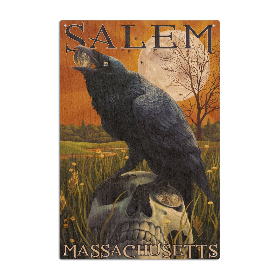 Salem, Massachusetts, Raven and Skull, Lantern Press Poster, Wood Signs and Postcards Wood Lantern Press 6x9 Wood Sign 