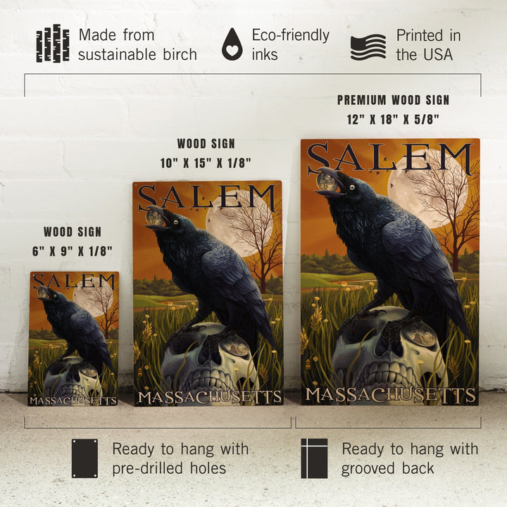Salem, Massachusetts, Raven and Skull, Lantern Press Poster, Wood Signs and Postcards Wood Lantern Press 