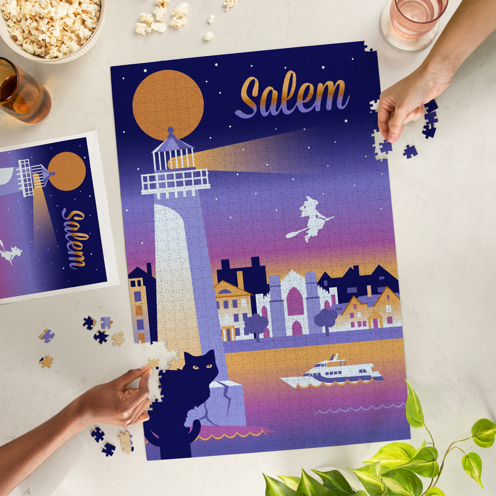 Salem, Massachusetts, Retro Skyline Chromatic Series, Jigsaw Puzzle Puzzle Lantern Press 