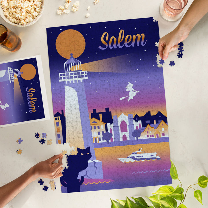 Salem, Massachusetts, Retro Skyline Chromatic Series, Jigsaw Puzzle Puzzle Lantern Press 