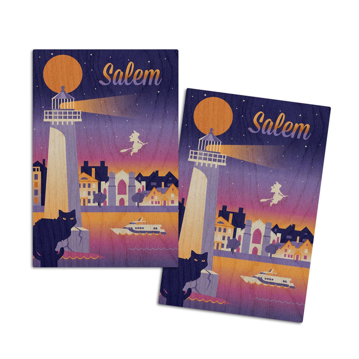 Salem, Massachusetts, Retro Skyline Chromatic Series, Lantern Press Artwork, Wood Signs and Postcards Wood Lantern Press 4x6 Wood Postcard Set 