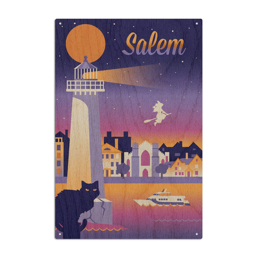 Salem, Massachusetts, Retro Skyline Chromatic Series, Lantern Press Artwork, Wood Signs and Postcards Wood Lantern Press 6x9 Wood Sign 