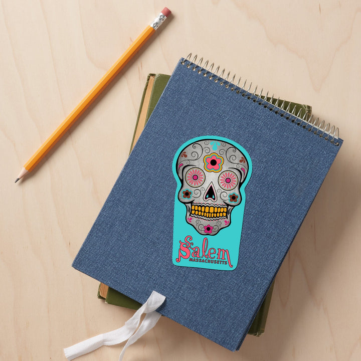 Salem, Massachusetts, Sugar Skull (Aqua Background), Contour, Vinyl Sticker Sticker Lantern Press 