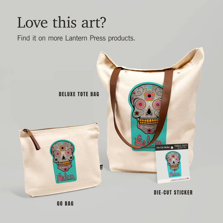 Salem, Massachusetts, Sugar Skull (Aqua Background), Contour, Vinyl Sticker Sticker Lantern Press 