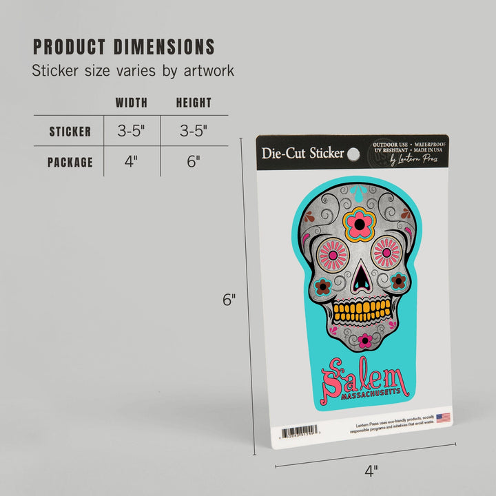 Salem, Massachusetts, Sugar Skull (Aqua Background), Contour, Vinyl Sticker Sticker Lantern Press 