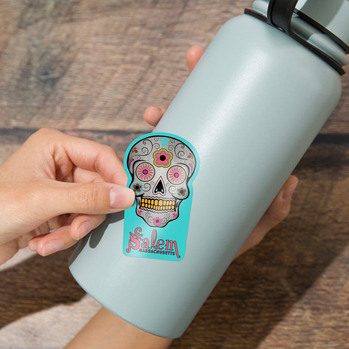 Salem, Massachusetts, Sugar Skull (Aqua Background), Contour, Vinyl Sticker Sticker Lantern Press 