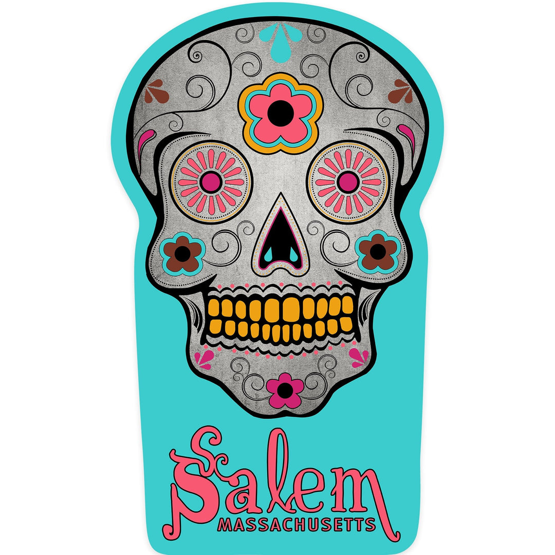 Salem, Massachusetts, Sugar Skull (Aqua Background), Contour, Vinyl Sticker Sticker Lantern Press 