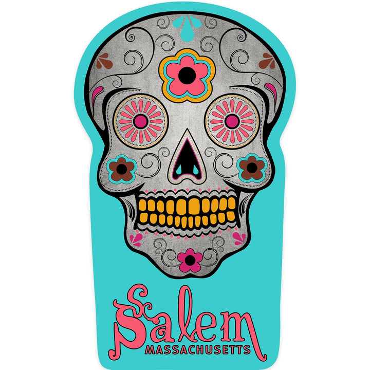 Salem, Massachusetts, Sugar Skull (Aqua Background), Contour, Vinyl Sticker Sticker Lantern Press 