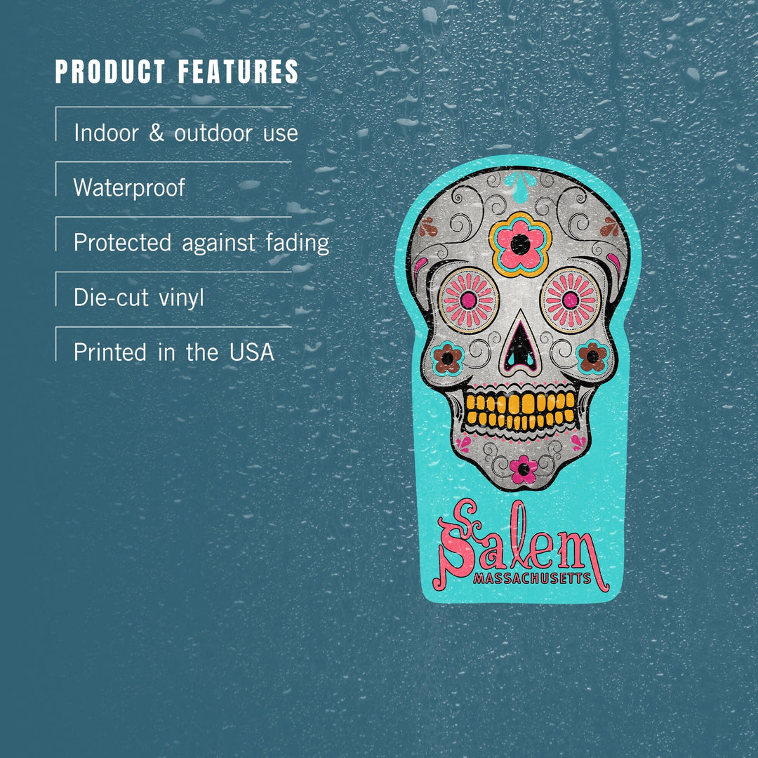 Salem, Massachusetts, Sugar Skull (Aqua Background), Contour, Vinyl Sticker Sticker Lantern Press 