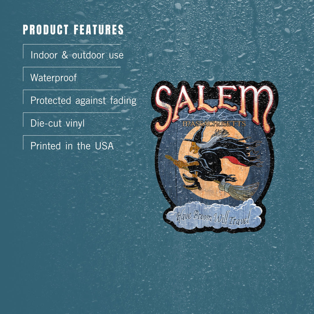 Salem, Massachusetts, Witch Vintage Sign, Contour, Lantern Press Artwork, Vinyl Sticker Sticker Lantern Press 