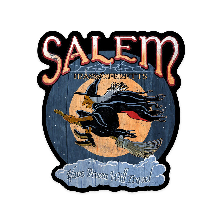 Salem, Massachusetts, Witch Vintage Sign, Contour, Lantern Press Artwork, Vinyl Sticker Sticker Lantern Press 